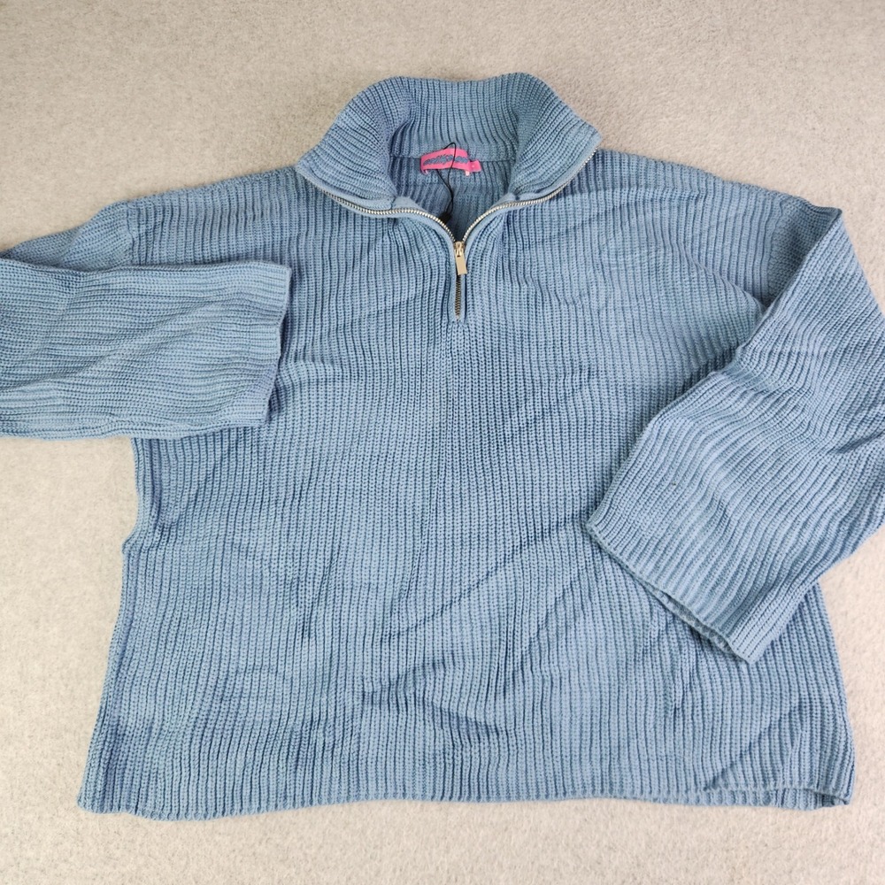 Edikted Sweater Womens Small Blue Oversized Ribbed Knit Quarter Zip‎ Mock Neck